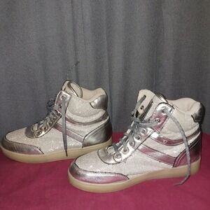 Bebe Sport Krysten Silver Glitter High Top Sneakers Women's 7.5‎ Platform Shoes